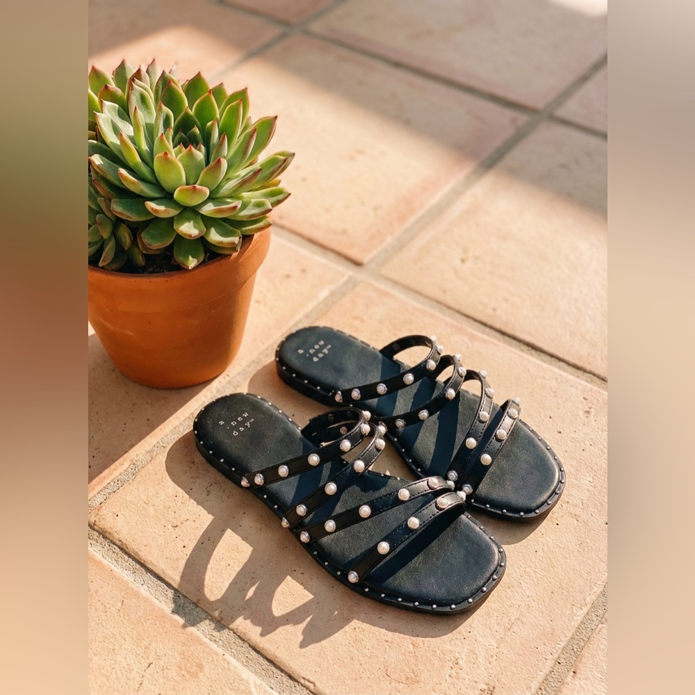 Hollis Embellished Square Toe Slide Sandals in Black from the brand A New Day